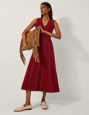 Hope Sleeveless A-Line Denim Midi Dress, Red (CHERRY), large