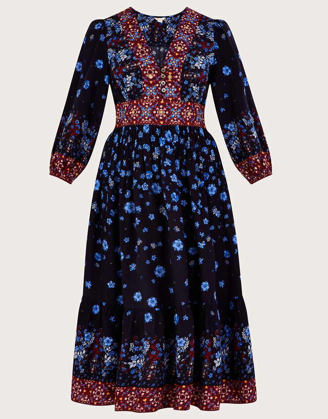 Floral Heritage Border Print Midi Dress, Blue (NAVY), large