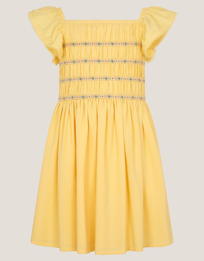 Stripe Shirred Lace Trim Dress, Yellow (YELLOW), large