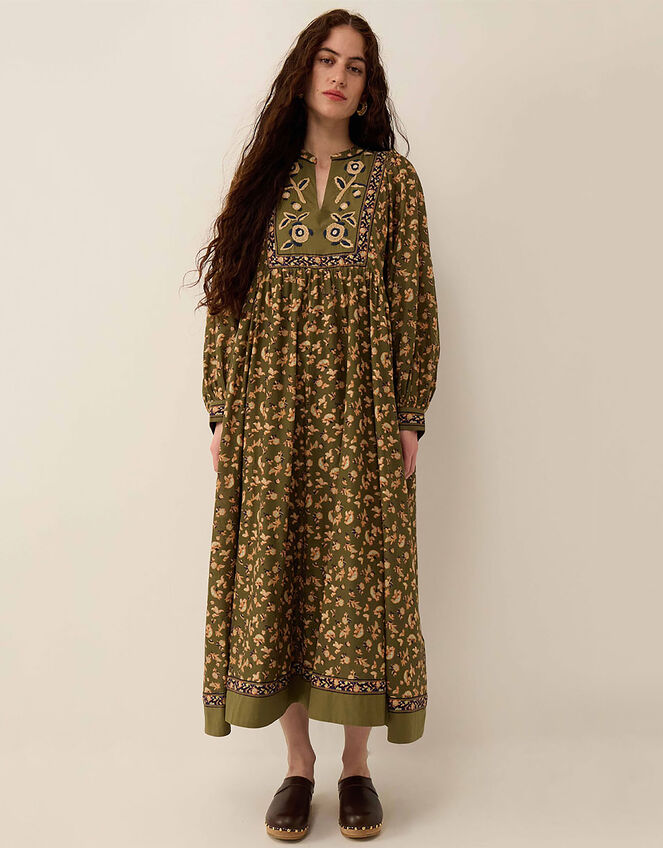 East Darney Floral Print Embroidered Dress, Green (KHAKI), large