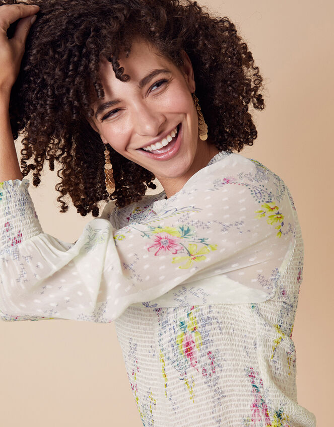 Blossom Print Shirred Blouse, Ivory (IVORY), large