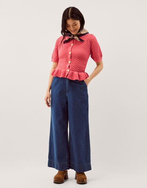 Shea Short Sleeve Ruffle Knit Cardigan, Pink (PINK), large