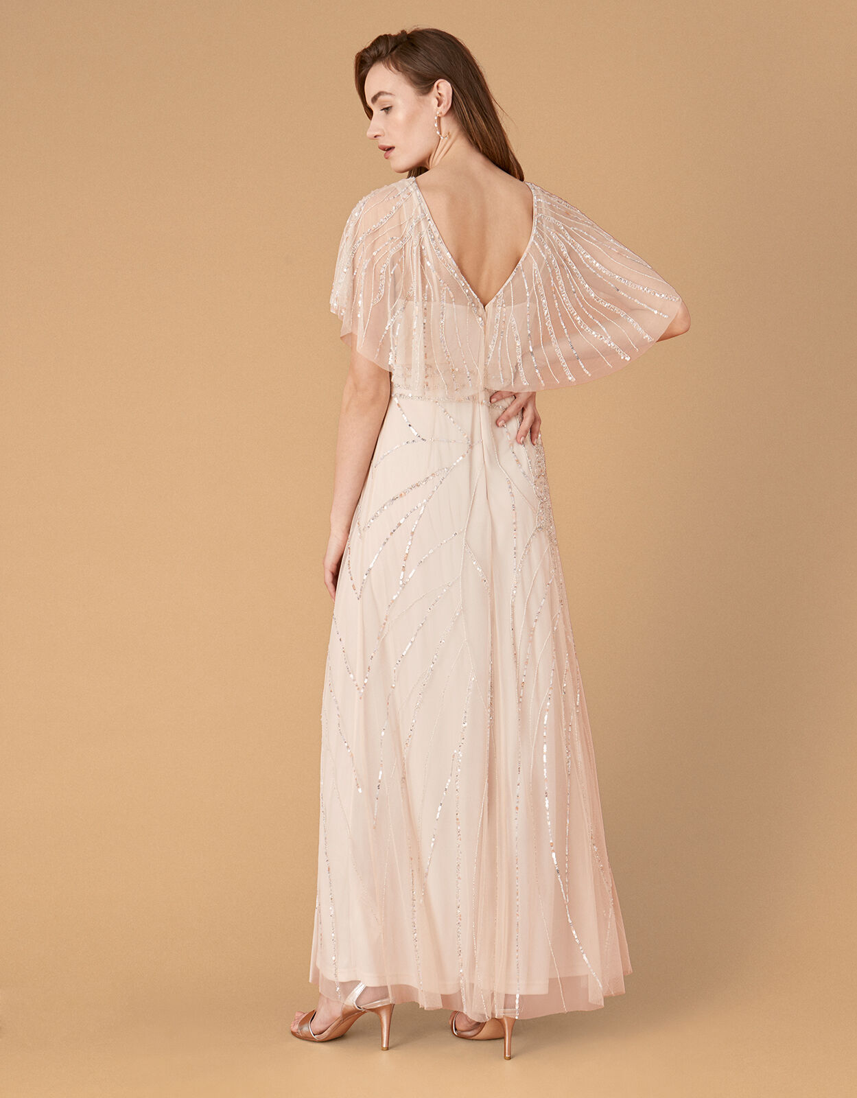 Florence Embellished Flutter Sleeve Maxi Dress Nude