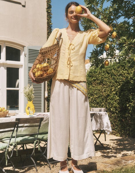 Maisie Linen Blend Cropped Wide Leg Trousers, White (WHITE), large