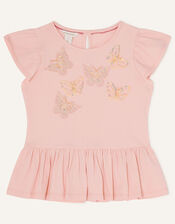 Tonal Beaded Butterfly Peplum T-Shirt, Pink (PINK), large