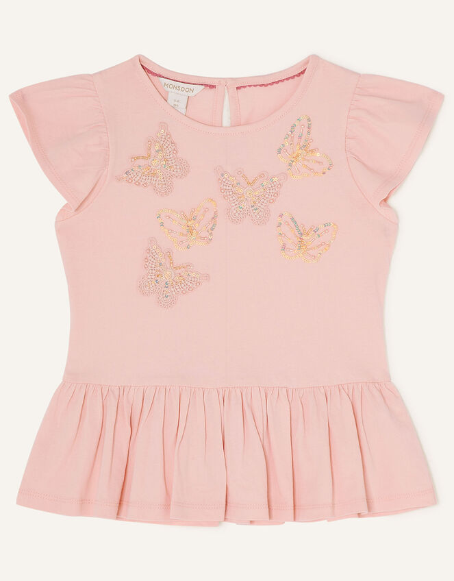 Tonal Beaded Butterfly Peplum T-Shirt, Pink (PINK), large