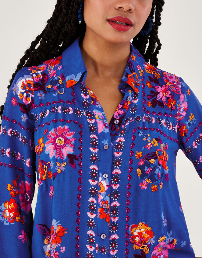 Alina Floral Print Button Through Shirt in LENZING™ ECOVERO™, Blue (BLUE), large