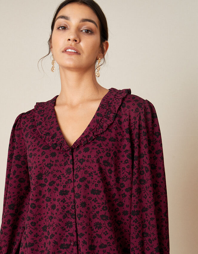 Lizabeth Floral Print Collar Top, Red (BURGUNDY), large