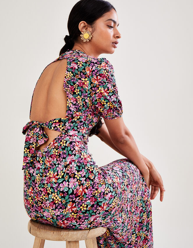 Vintage Floral Jersey Dress, Black (BLACK), large