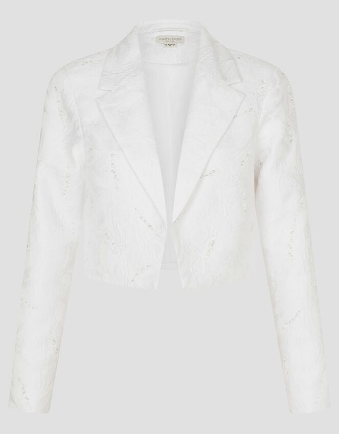 Faye Hand-Beaded Jacquard Cropped Bridal Jacket, Ivory (IVORY), large