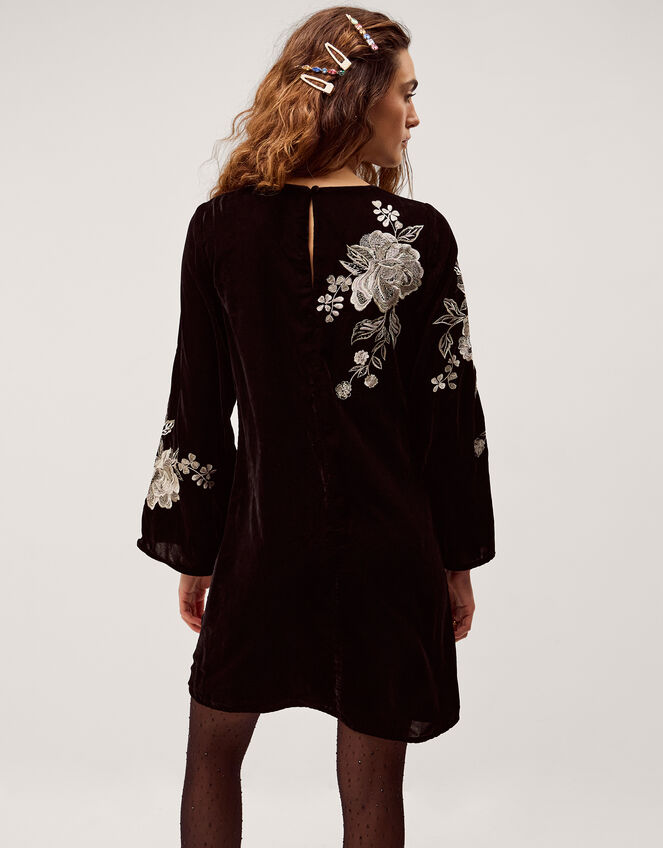 Fia Floral Embroidered Velvet Tunic Dress, Black (BLACK), large