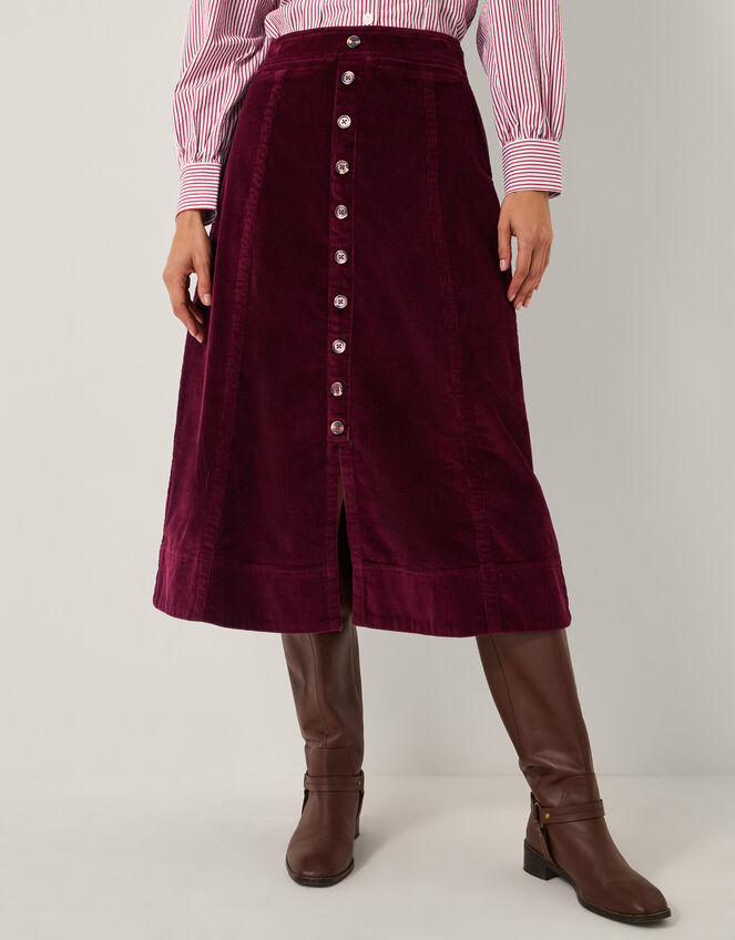 Jamie Button Corduroy Midi Skirt, Red (BURGUNDY), large