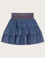 Stitch Detailing Tiered Chambray Skirt, Blue (BLUE), large