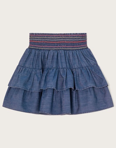 Stitch Detailing Tiered Chambray Skirt Blue, Blue (BLUE), large