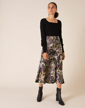 Paisley Print Satin Midi Skirt, Black (BLACK), large