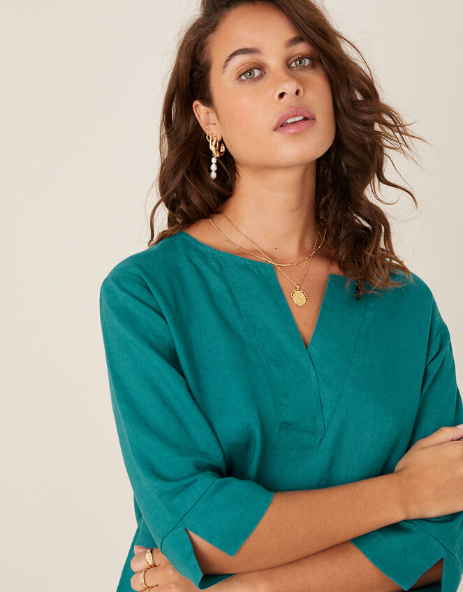 Daisy Plain T-Shirt in Pure Linen, Teal (TEAL), large