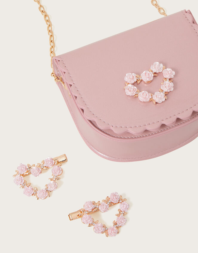 Floral Love Heart Bag and Hair Clip Set, , large