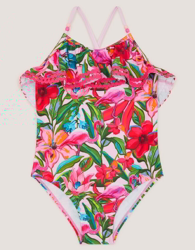 Flamingo Print Frill Swimsuit, Pink (PINK), large