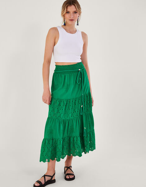 Broderie Tiered Skirt, Green (GREEN), large
