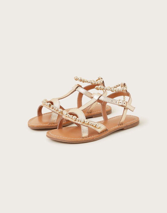 Leather Beaded Anklet Sandals, Gold (GOLD), large