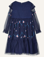 Floral Embroidered Long Sleeve Dress, Blue (NAVY), large
