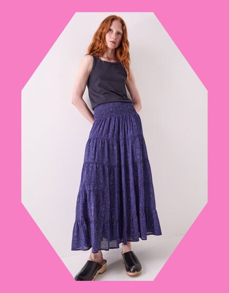 East Emelia Floral Tiered Maxi Skirt, Blue (NAVY), large