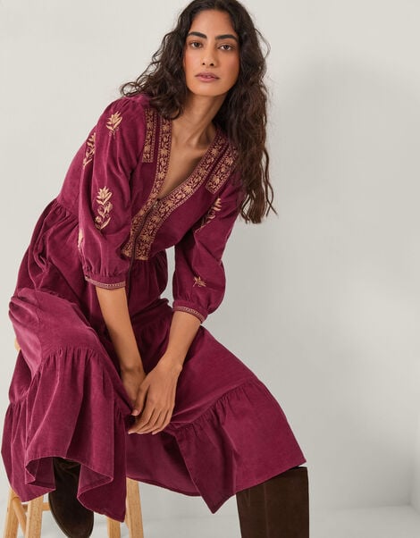 Mia Embroidered Corduroy Midi Dress, Red (CHERRY), large