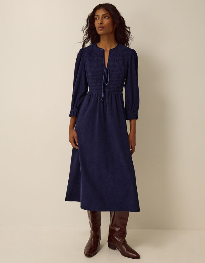 Sara Smocked Corduroy Midi Dress, Blue (MIDNIGHT), large