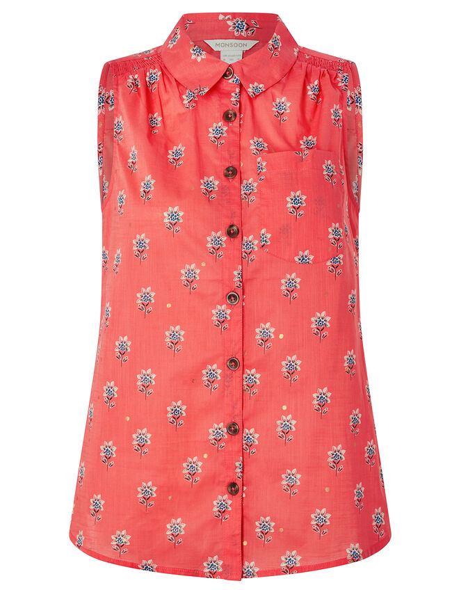 Clover Floral Sleeveless Shirt in Organic Cotton, Orange (CORAL), large