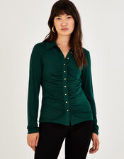 Button Through Ruched Jersey Shirt, Green (GREEN), large
