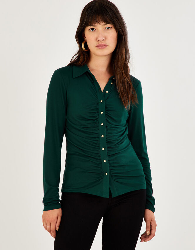 Button Through Ruched Jersey Shirt, Green (GREEN), large