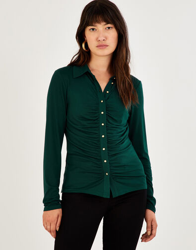 Button Through Ruched Jersey Shirt, Green (GREEN), large