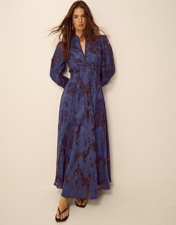 Glen Floral Jacquard Midi Dress, Blue (NAVY), large