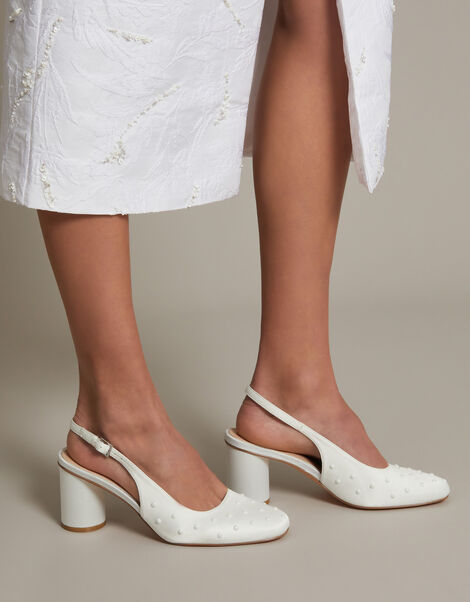 Pelia Pearl Satin Slingback Heels, Ivory (IVORY), large