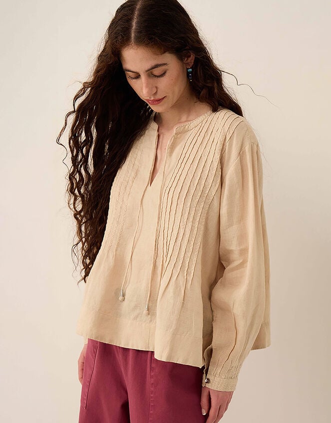 East Liza Pintuck Linen Top, Camel (BEIGE), large
