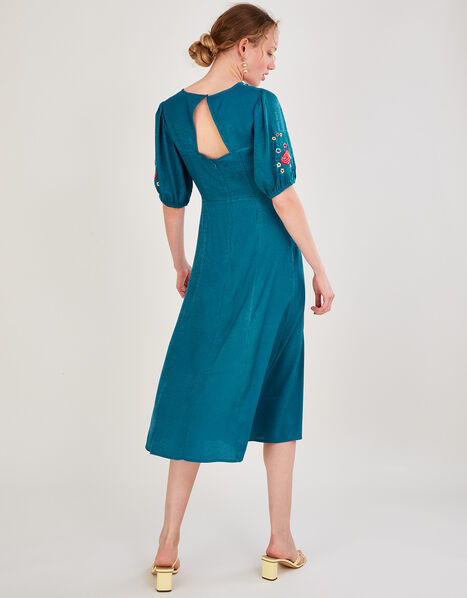 Juliette Embroidered Jacquard Midi Dress in Recycled Polyester Teal, Teal (TEAL), large