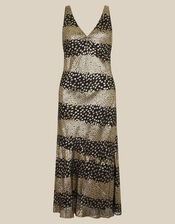 Ada Sleeveless Metallic Bias Cut Midi Dress, Black (BLACK), large