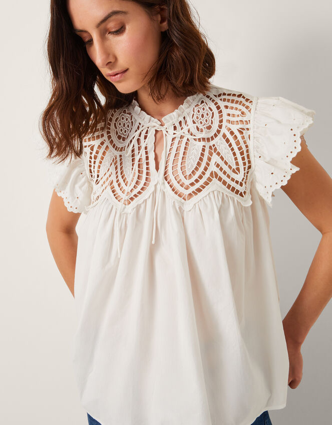 Zadie Broderie Frill Top, White (WHITE), large