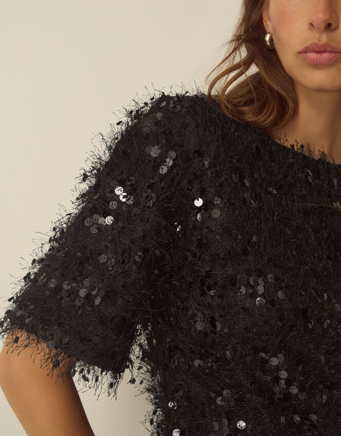 Skylar Short Sleeve Sequin Fringe Mini Dress, Black (BLACK), large
