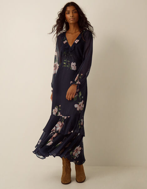Rowena V-Neck Ruffle Floral Print Maxi Dress, Blue (NAVY), large