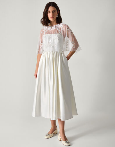 Celeste Floral Embellished Cape Satin Wedding Dress, Ivory (IVORY), large