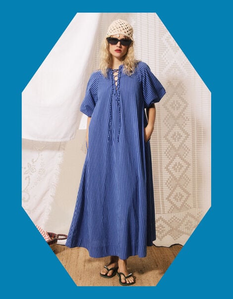 FRNCH Assunta Puff Sleeve Stripe Maxi Dress, Blue (BLUE), large