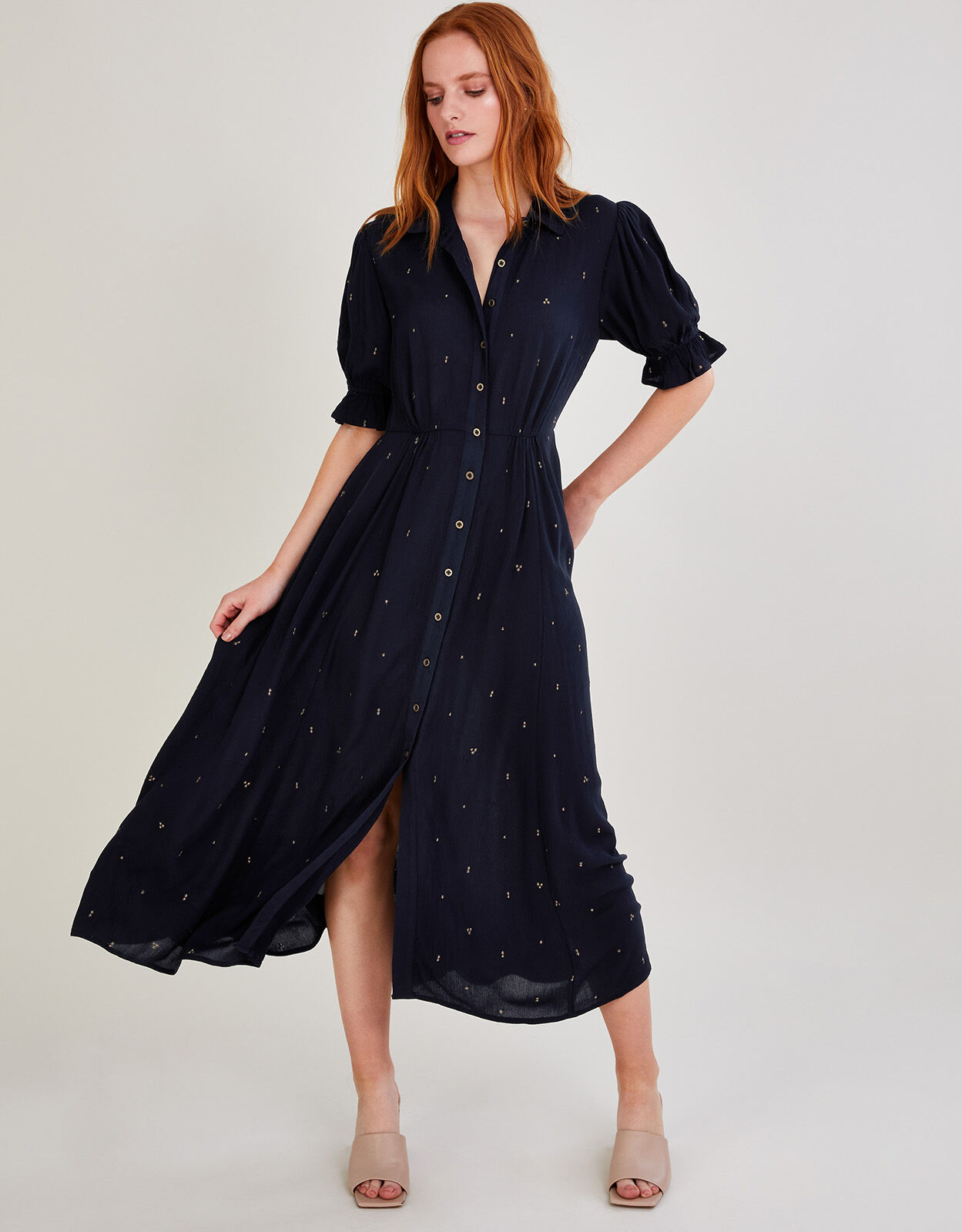 Embroidered Spot Shirt Dress in LENZING ECOVERO Blue