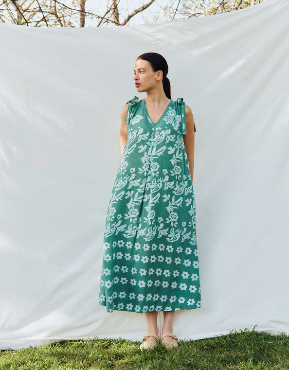 East Aggie Hand-Batik Floral Green Dress, Green (GREEN), large