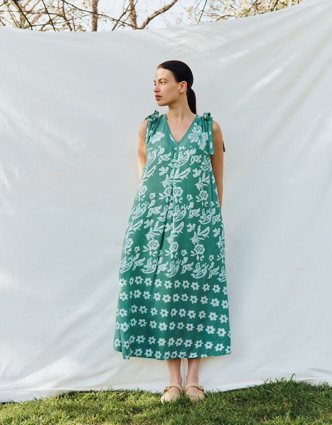 East Aggie Hand-Batik Floral Green Dress, Green (GREEN), large