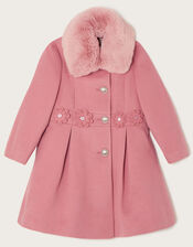 Laser Cut Flower Waist Coat with Faux Fur Collar , Pink (PINK), large