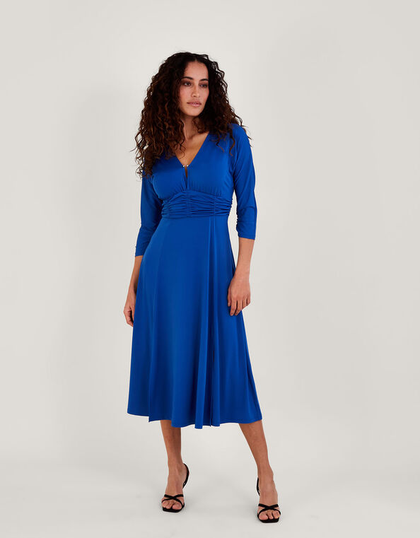 Ring Detail Ruched Jersey Midi Dress Blue, Blue (BLUE), large