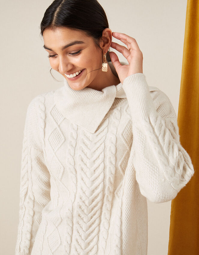 Statement Split Neck Cable Knit Jumper, Cream (CREAM), large
