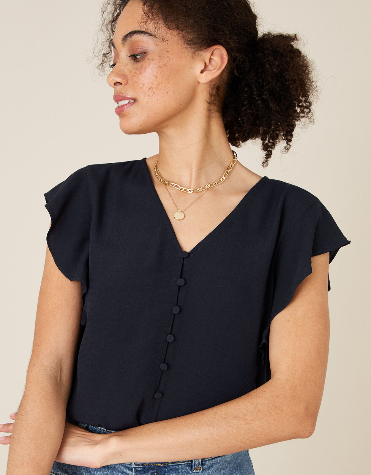 Navy blue ruffle online blouse