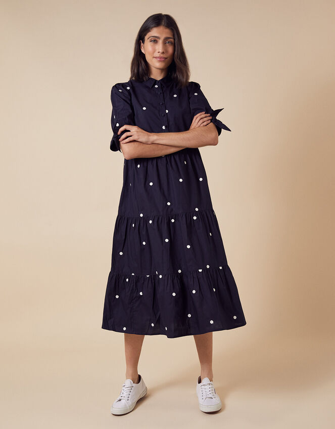 Spot Print Poplin Dress in Organic Cotton, Blue (NAVY), large